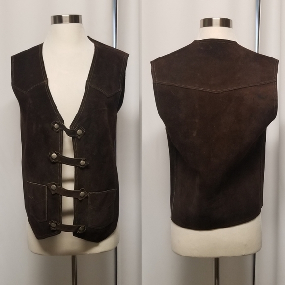 Vintage Jackets & Blazers - Vintage 70s Handmade Western Boho‎ Cowgirl Brown Suede Leather Snap Vest Md